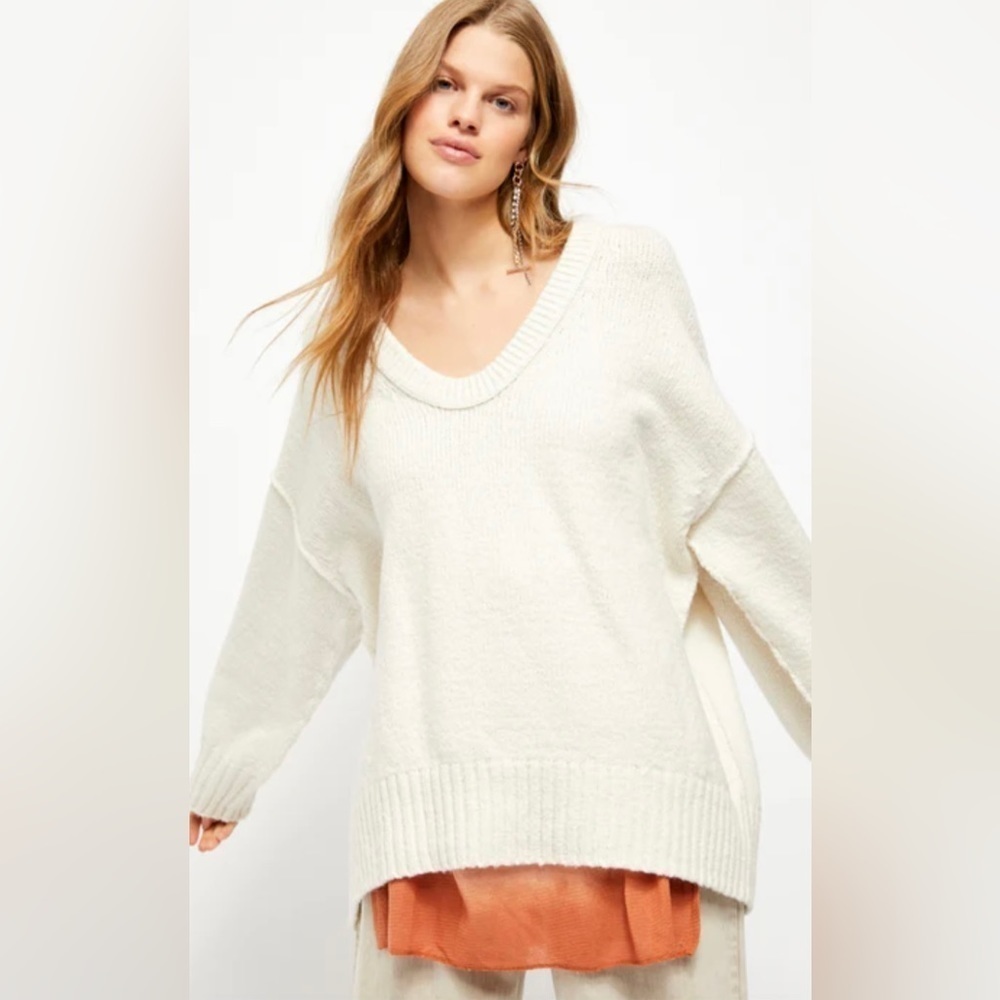 Free People Cream Oversized V-Neck Sweater